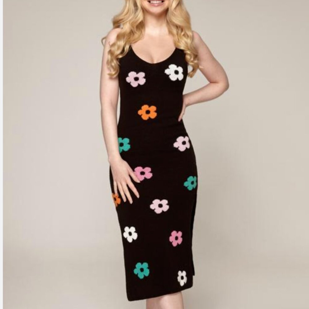 H&M Black and Colorful daisy 90s knit floral dress S/M